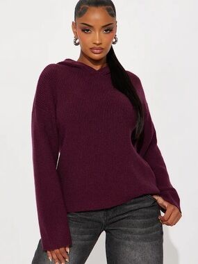 Cozy V-Neck Hooded Sweater - Plum